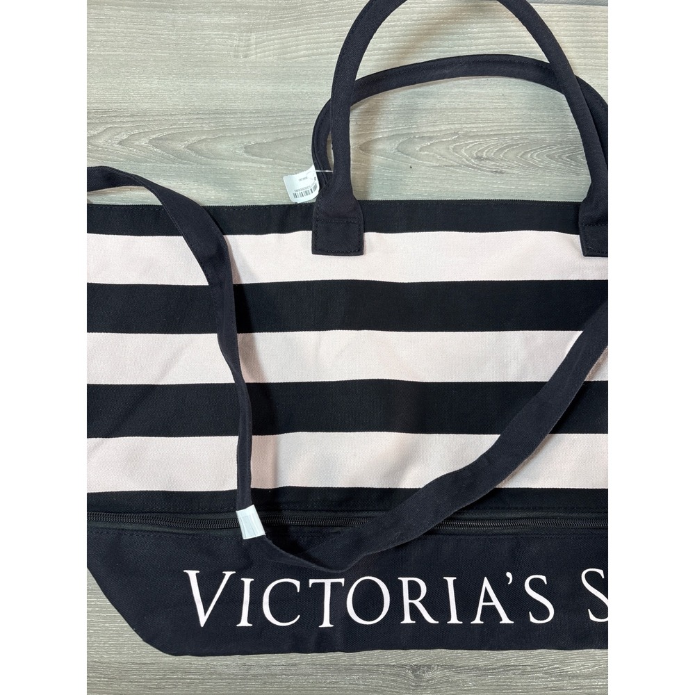 Victoria's Secret Weekender Duffel Bag Pink Black Stripe Canvas Travel Tote New - Picture 2 of 3